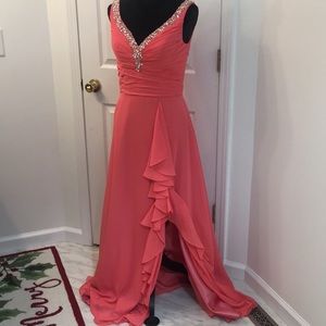 Pink/Coral Beaded Chiffon Prom Dress with left leg slit (to knee = modest)